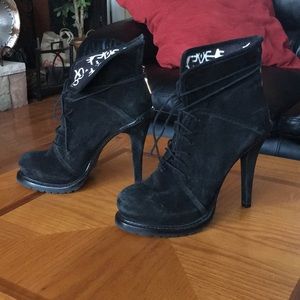 Black suede high heeled booties